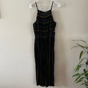 Forest Lily Velvet Burnout Jumpsuit Womens 6 Black Green 70s Disco Retro Casual